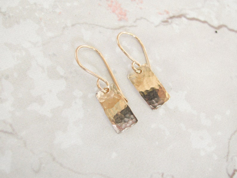 Small gold hammered earrings, tiny gold rectangle earrings, gold dangle earrings, minimalist gold hammered earrings, everyday dainty earring image 1