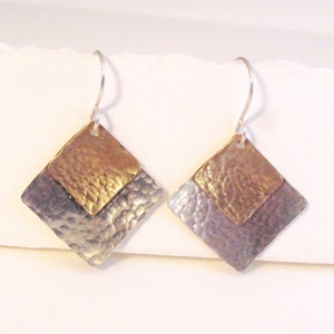 Silver and Gold Handmade Earrings, Square Hammered Silver and Gold Earrings, Mixed Metal Earrings, Geometric Metal Jewelry, Everyday Earring image 4