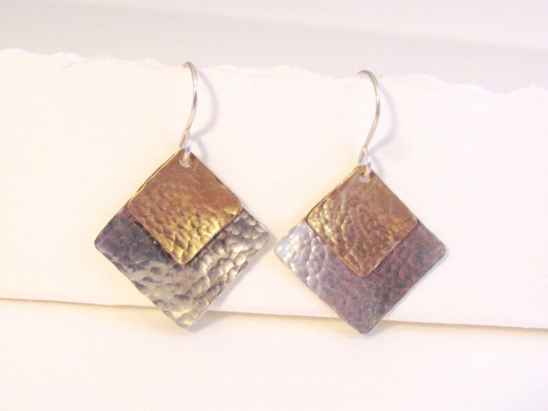 Silver and Gold Handmade Earrings, Square Hammered Silver and Gold Earrings, Mixed Metal Earrings, Geometric Metal Jewelry, Everyday Earring image 4