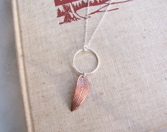 Nature inspired necklace, Copper leaf necklace, copper nature jewelry, silver circle necklace, silver nature inspired jewelry