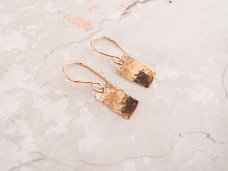 Small gold hammered earrings, tiny gold rectangle earrings, gold dangle earrings, minimalist gold hammered earrings, everyday dainty earring image 3