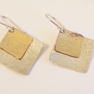 Silver and Gold Handmade Earrings, Square Hammered Silver and Gold Earrings, Mixed Metal Earrings, Geometric Metal Jewelry, Everyday Earring image 3