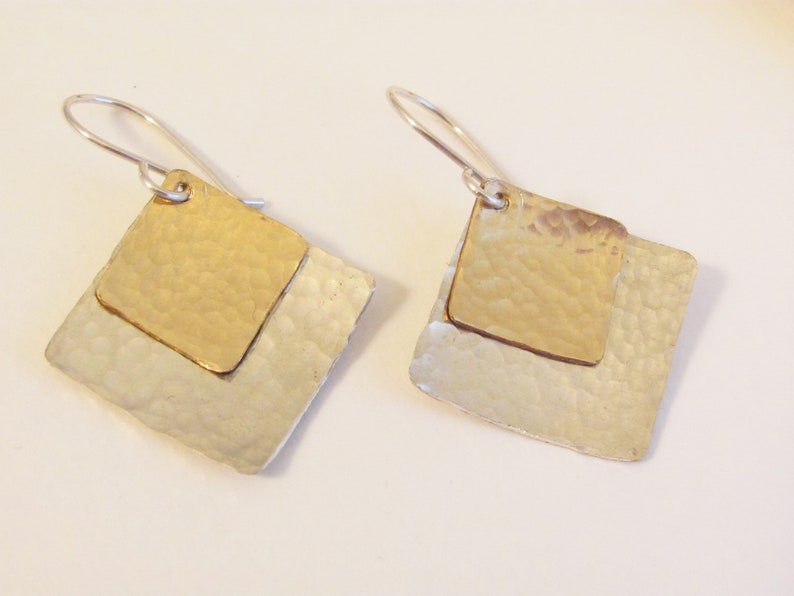 Silver and Gold Handmade Earrings, Square Hammered Silver and Gold Earrings, Mixed Metal Earrings, Geometric Metal Jewelry, Everyday Earring image 3