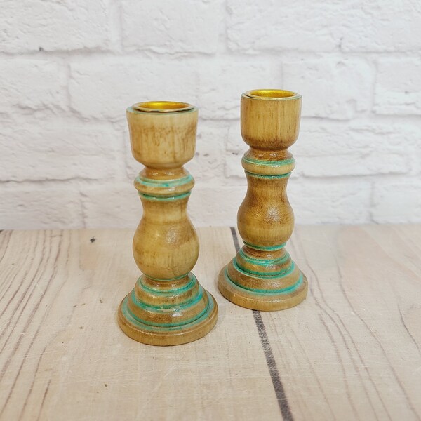 Vintage Candlestick Set of 2, Wood