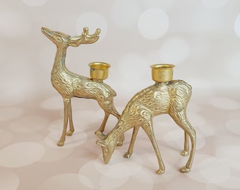 Vintage Reindeer Candleholders, Set of 2, Brass