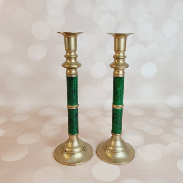 Vintage Brass Candlestick Set of 2, Green