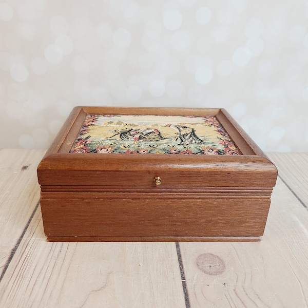 Vintage Jewelry Box, Wood, Brocade Fabric Top