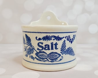 Antique Stoneware Blue White Salt Box