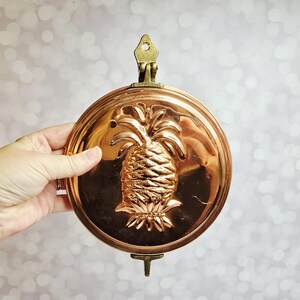 May include: A round copper pineapple mold with a brass handle and clasp. The pineapple design is embossed on the front of the mold. The mold is held by a hand against a blurred background.