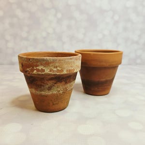 May include: Two small terracotta plant pots with a tapered shape and a wide rim. The front pot displays a weathered, textured surface with visible white mineral deposits and dark brown discoloration, while the rear pot is a solid, uniform orange-brown.