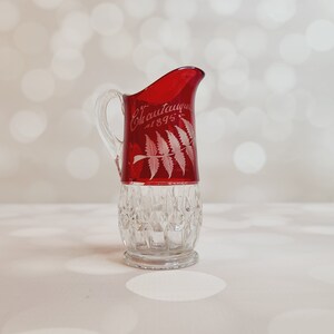 Peut inclure: Un pichet en verre rouge avec une base en verre clair. Le pichet est décoré d'une fougère et du texte "Chautauqua 1895" gravé sur le côté.