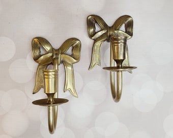 Vintage Brass Bow Candle Sconce, Set of 2