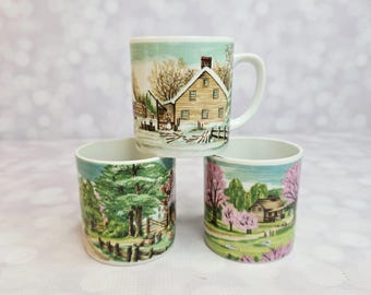 Vintage Country Cabin Barn Scene Mugs, Set of 3