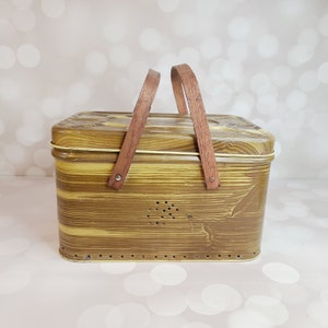 Vintage Metal Faux Wood Picnic Basket with Wood Handles