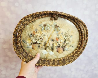 Vintage Folk Art Pine Needle Sea Shell Basket Tray