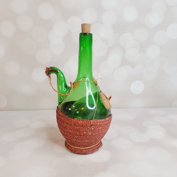 Vintage Green Glass Italian Wine Bottle in Wicker - Etsy