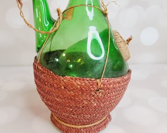 籐製のヴィンテージグリーンガラス製イタリアワインボトル - Etsy 日本
