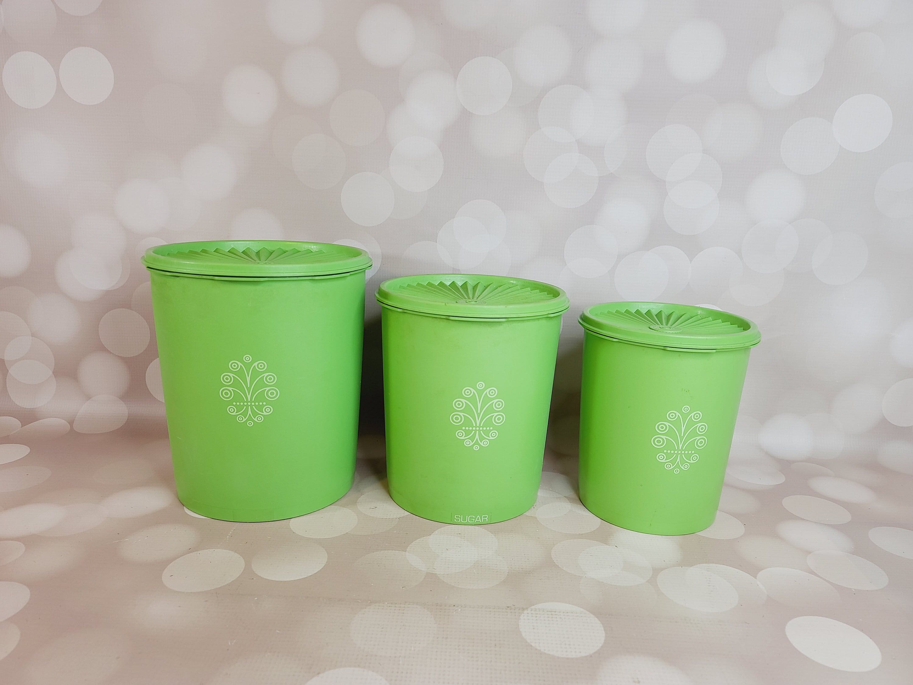 TUPPERWARE 2 Pc Classic COLORED REMINDER Canister Set TWO JR Green Can –  Plastic Glass and Wax ~ PGW