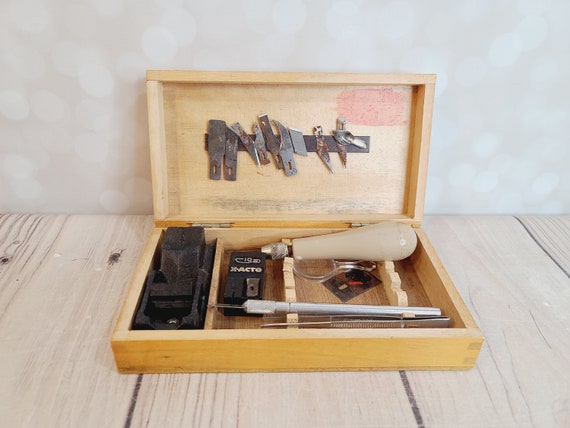 Vintage X-acto Knife, Drill, Saw, Filing Plane, Pliers, Hammer And Blade Set  In Original Wooden Box #55923