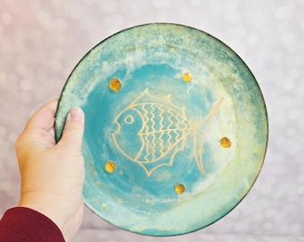 Vintage Hilary Enamel Over Copper Fish Plate