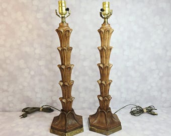 Vintage Serge Roche Style Carved Wood Palm Frond Lamps, Set of 2
