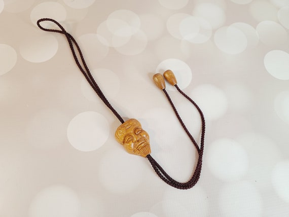 Vintage Japanese Wood Face Bolo Tie - image 3
