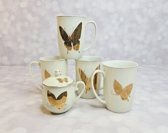 Vintage Takahashi Gold Butterfly Mug and Sugar Bowl Set