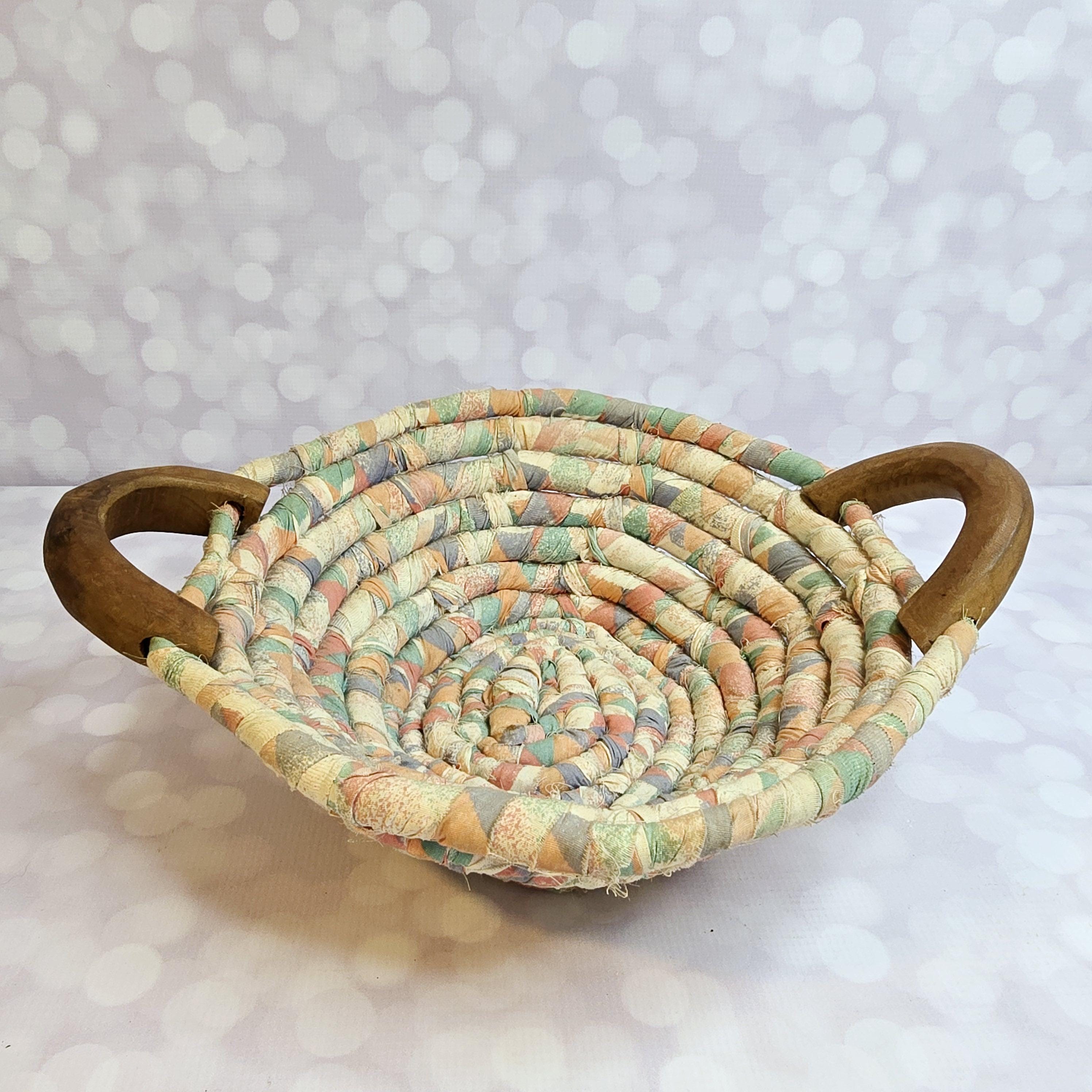 Vintage Coil Rag Basket With Wood Handles - Etsy