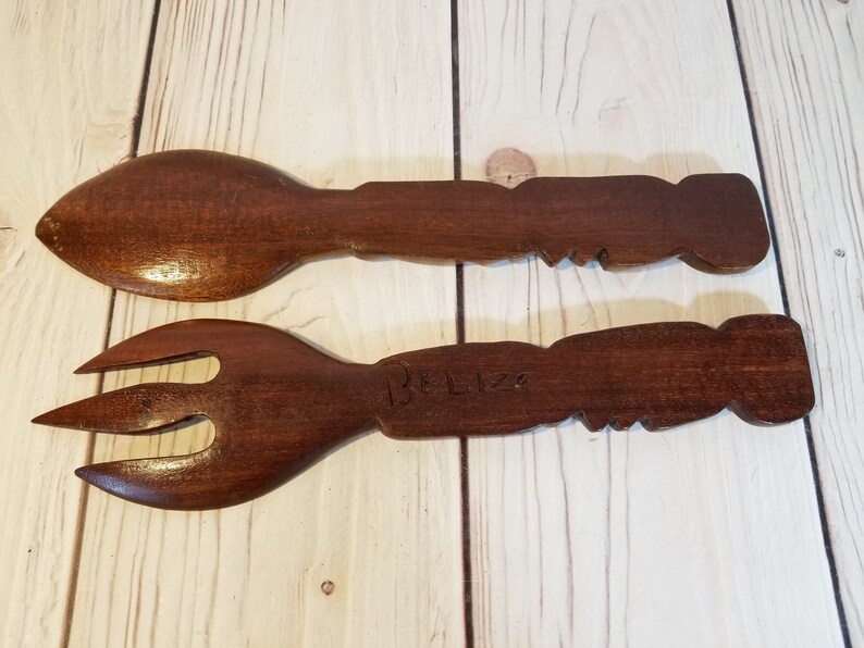 Vintage Carved Wood Fork and Spoon Serving Utensils Salad Server Set