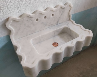 Floating Carrara Marble Sink with Backsplash, Wall-Mount White Vanity Basin
