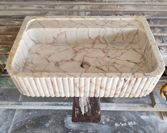 Calacatta Gold Marble Sink, Fluted Wall Mount Vanity Sink