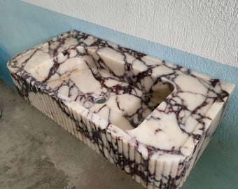 Fluted Calacatta Viola Marble Sink, Wall-Mounted Stone Bathroom Basin