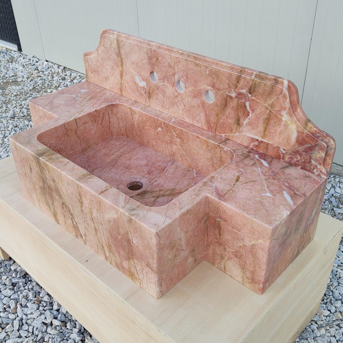 Custom Pink Marble Sink With Backsplash, 34" Wide Bathroom Vanity Basin