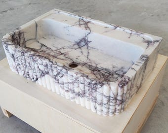 Lilac Marble Sink - Fluted Wall Mounted Bathroom Basin, 24"x16"x6"