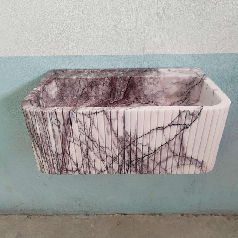 Floating Sink Marble, Lilac Marble Wall Mount Sink, Flute Marble Sink