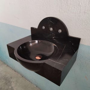 Nero Marquina Marble Wall Mounted Washbasin | Luxury Veined Black Marble Sink | Sleek Stone Bathroom Sink