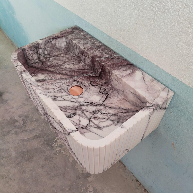 Floating Sink Marble, Lilac Marble Wall Mount Sink, Flute Marble Sink
