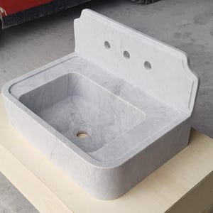 Carrara Marble Bathroom Sink | White Marble Washbasin with Gray Veining | Luxury Natural Stone Vanity | Wall-Mounted Marble Sink
