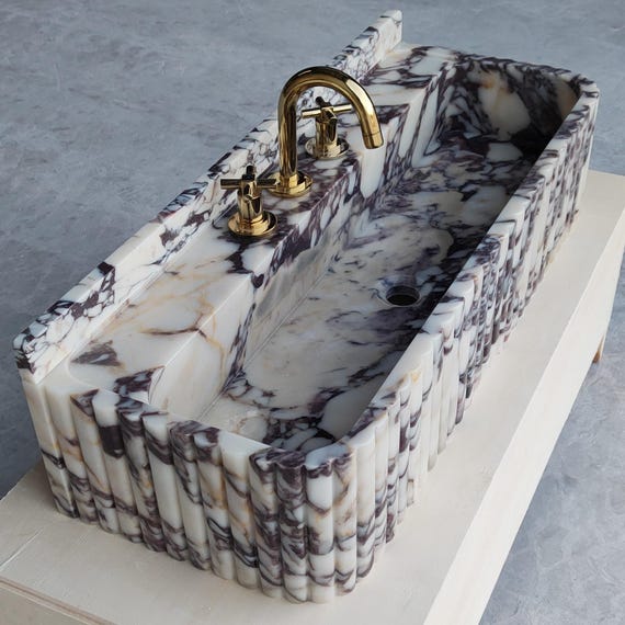 Calacatta Viola Marble Sink, Fluted Wall-Mount Vanity, Reeded Apron Design, 36 inch