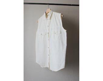 1990s White Denim Sleeveless Button Down Shirt