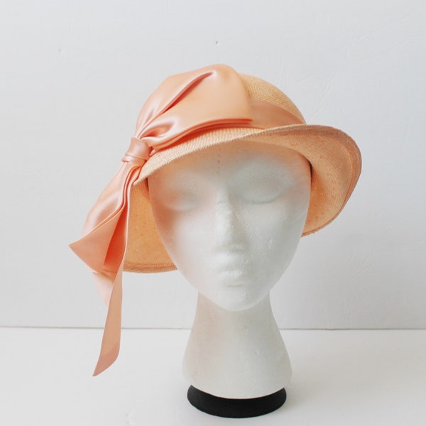 Vintage Peach Straw Bow Tie Floppy Hat