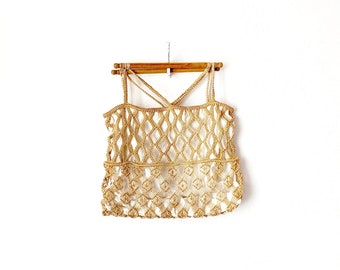 Vintage 70s Boho Crochet Straw Handbag