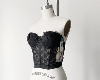 Vintage NOS 1970s Strapless Backless Black Lace Bustier