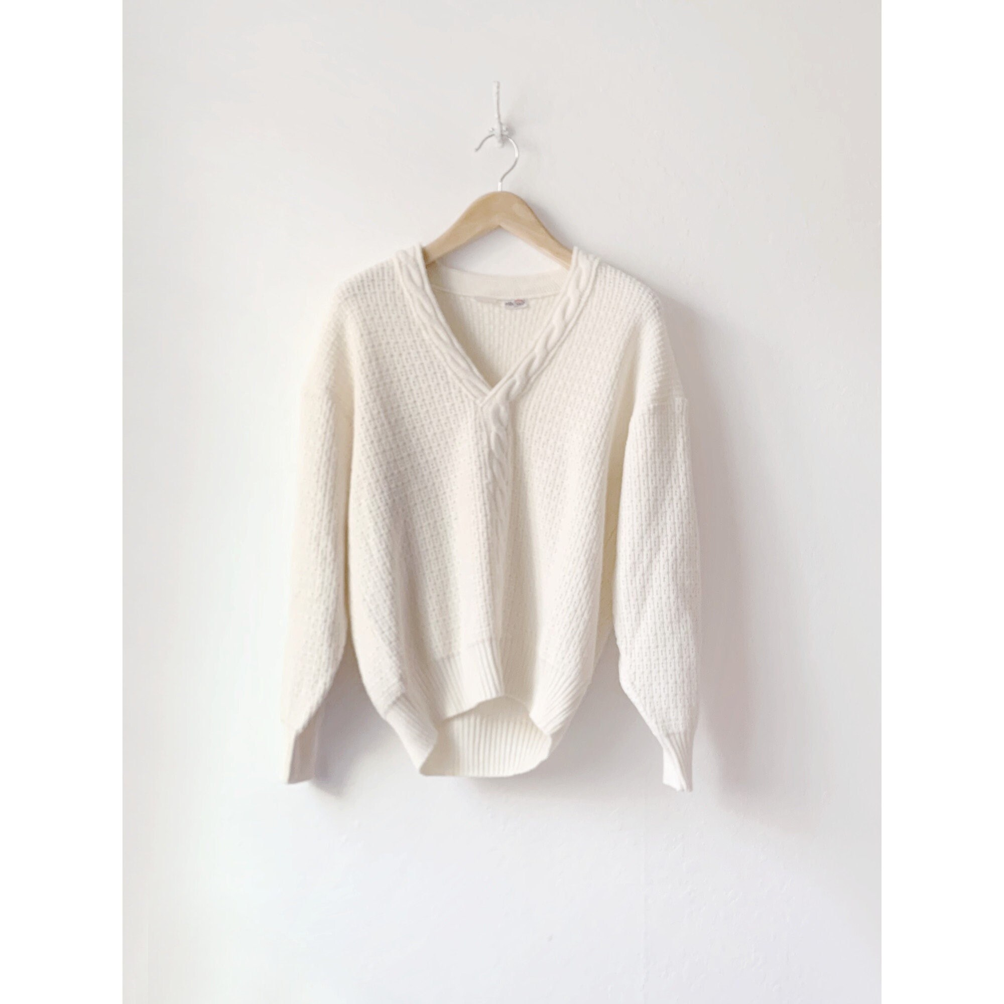 Vintage Ellesse Off White Braided V Neck Pullover Slouch Sweater