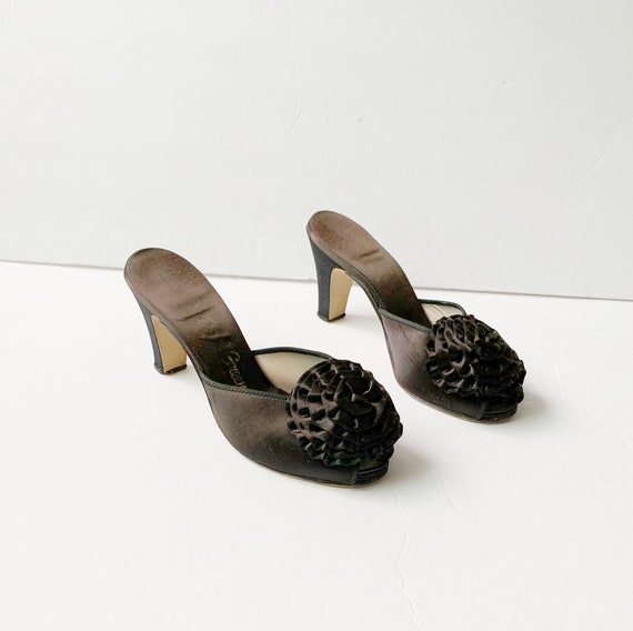1940s Peep Toe Pom Pom Slippers Sandals Mules Pump