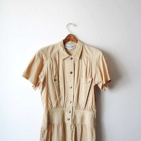 Vintage Tan Safari Linen Shirt Dress Size Small to Medium
