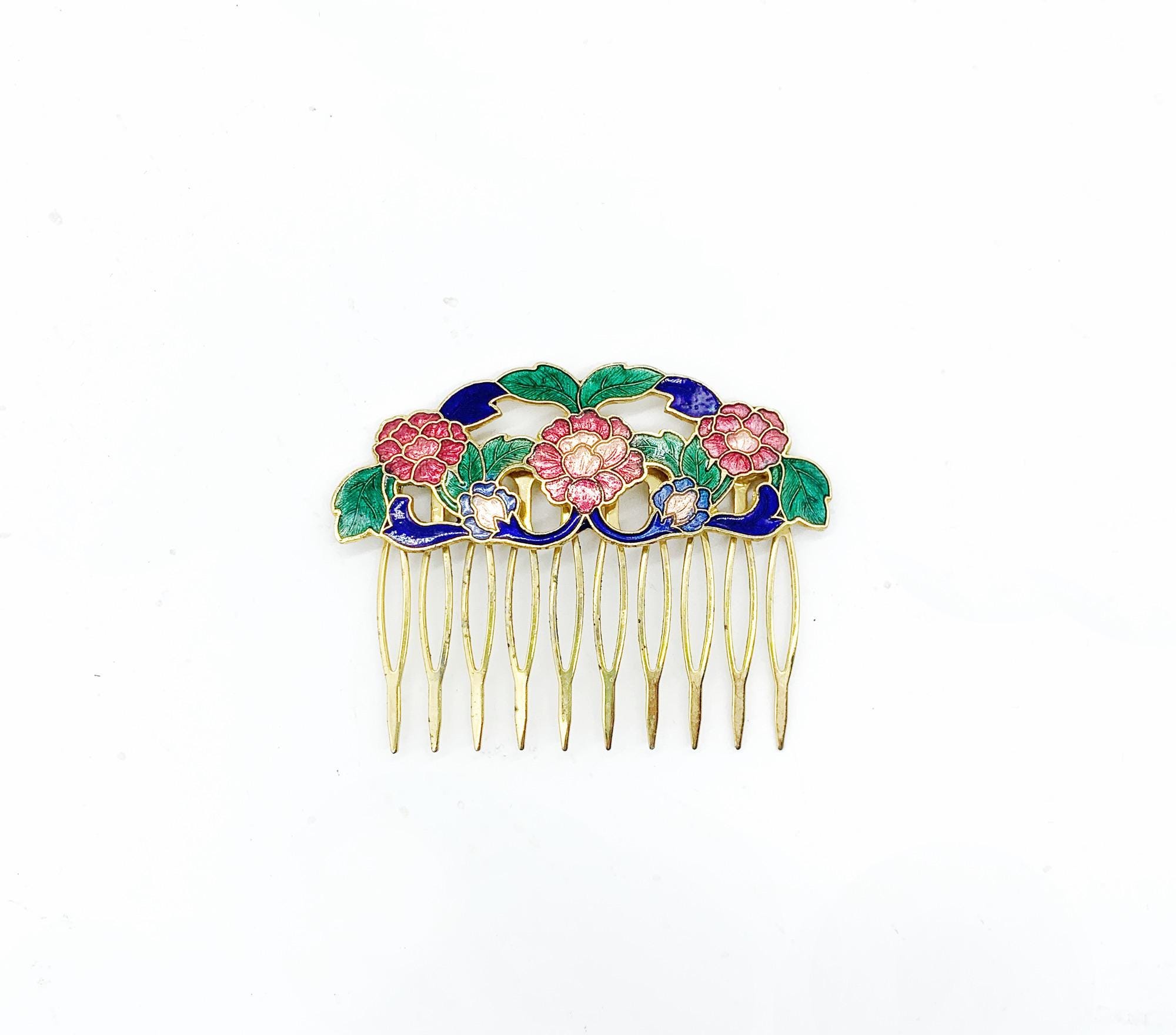 Cloisonne Gold Floral Enamel Hair Comb - Elegant Women\'s Accessory CLOISONNÉ Enamel Metal Floral Hair Clip COMB GOLD TONE Multi  main image 2