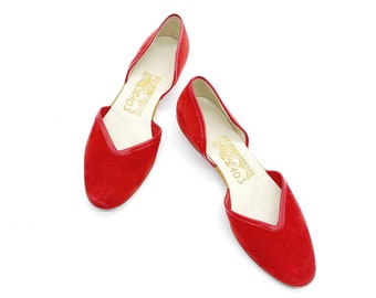 Vintage 50s Salvatore Ferragamo Red Suede D'orsay Slip On Flat Shoes