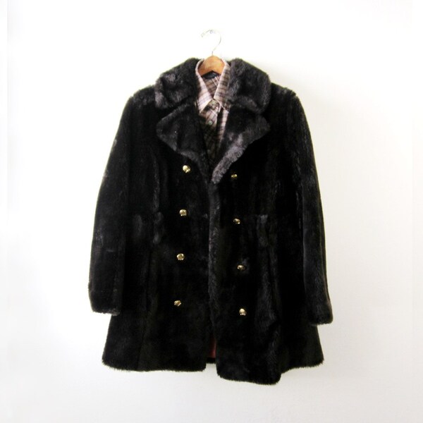 PRICE REDUCED - 1960's Dark Brown Faux Fur Pea Coat with Leather Belt