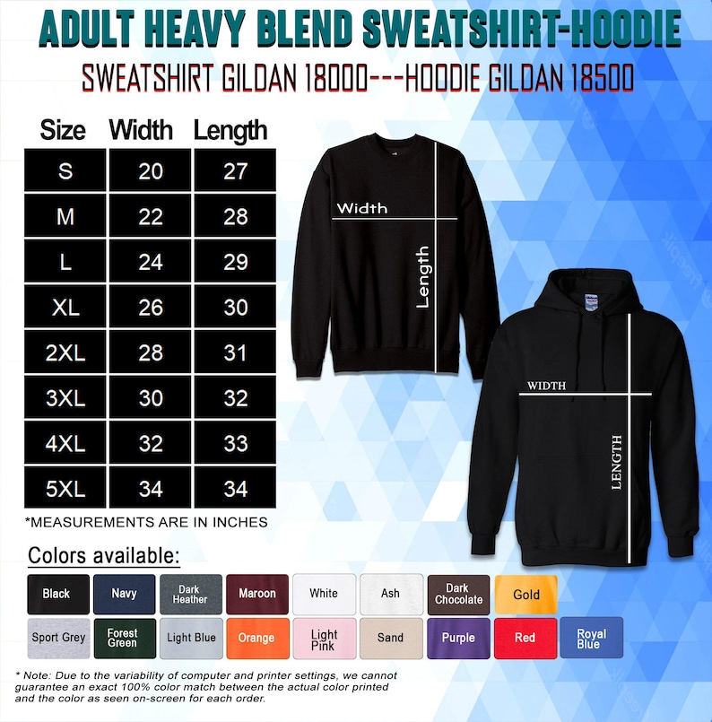 May include: A size chart for adult heavy blend sweatshirts and hoodies. The chart shows the width and length in inches for sizes S through 5XL. The chart is labelled "Sweatshirt Gildan 18000" and "Hoodie Gildan 18500". The image also shows a black sweatshirt and a black hoodie.